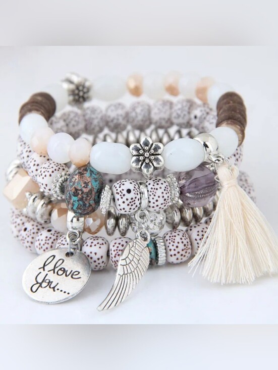 Fashion Jewelry Jewelry - Beaded Multi-layer Bracelet With Tassel 4 Bracelet Set